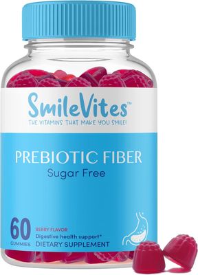 SmileVites Prebiotic Fiber Gummies | Digestive Health | GMO, Gluten, Gelatin &amp; Nut Free | Vegan, Kosher &amp; Keto Friendly | Great Tasting Natural Berry Flavor Gummies | 60 Count