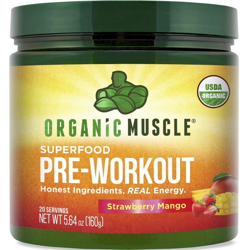 Organic Muscle Clean Pre Workout Powder for Men &amp; Women, Strawberry Mango - USDA Organic Preworkout Supplement for Endurance - Vegan, Natural, Plant-Based, &amp; Low Caffeine Pre-Workout Energy Powder