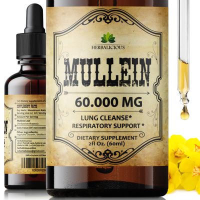 HERBALICIOUS Mullein Leaf Extract - Verbascum Thapsus Liquid Supplement - Herbal Tincture Promoting &amp; Detox Lungs, Respiratory - Lung Cleanse - Vegan Drops, Non-GMO - 2 fl. Oz