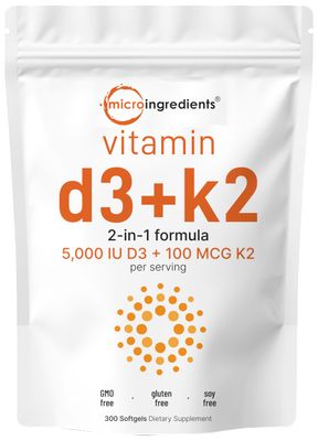 Micro Ingredients Vitamin D3 5000 IU with K2 100 mcg, 300 Soft-Gels | K2 MK-7 with D3 Vitamin Supplement, 2 in 1 Support Immune, Heart, Joint, Teeth &amp; Bone Health - Easy to Swallow