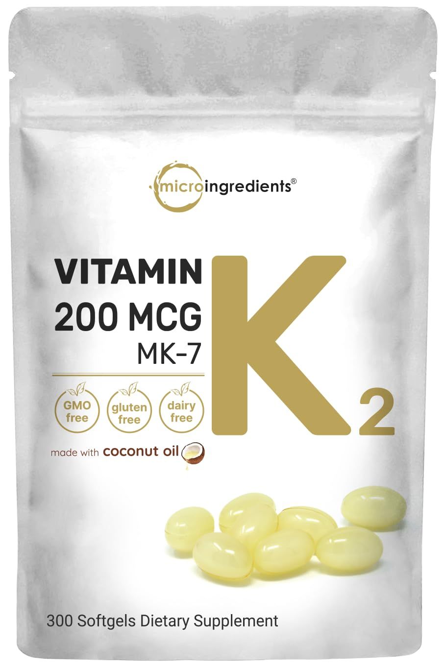 Micro Ingredients Vitamin K2 MK-7 Supplement, 200 mcg Per Serving, 300 Coconut Oil Softgels | Easily Absorbed, Active Menaquinone Form | Immune, Joint, &amp; Heart Support | Non-GMO