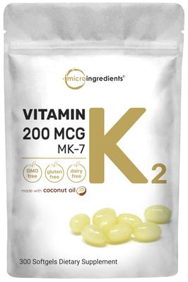 Micro Ingredients Vitamin K2 MK-7 Supplement, 200 mcg Per Serving, 300 Coconut Oil Softgels | Easily Absorbed, Active Menaquinone Form | Immune, Joint, &amp; Heart Support | Non-GMO
