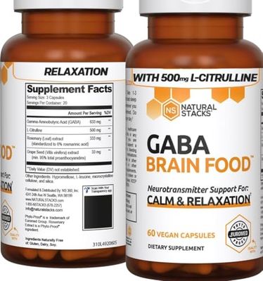 NATURAL STACKS GABA Supplement - L-Citrulline &amp; Grape Seed Extract - Deep Relaxation and Calm - Night Time Aid - Promotes Healthy Production of GABA (Gamma-Aminobutyric Acid) - 60 Capsules