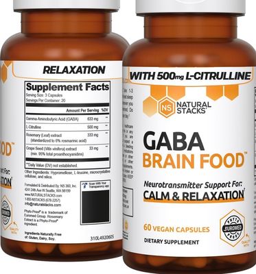 NATURAL STACKS GABA Supplement - L-Citrulline & Grape Seed Extract - Deep Relaxation and Calm - Night Time Aid - Promotes Healthy Production of GABA (Gamma-Aminobutyric Acid) - 60 Capsules