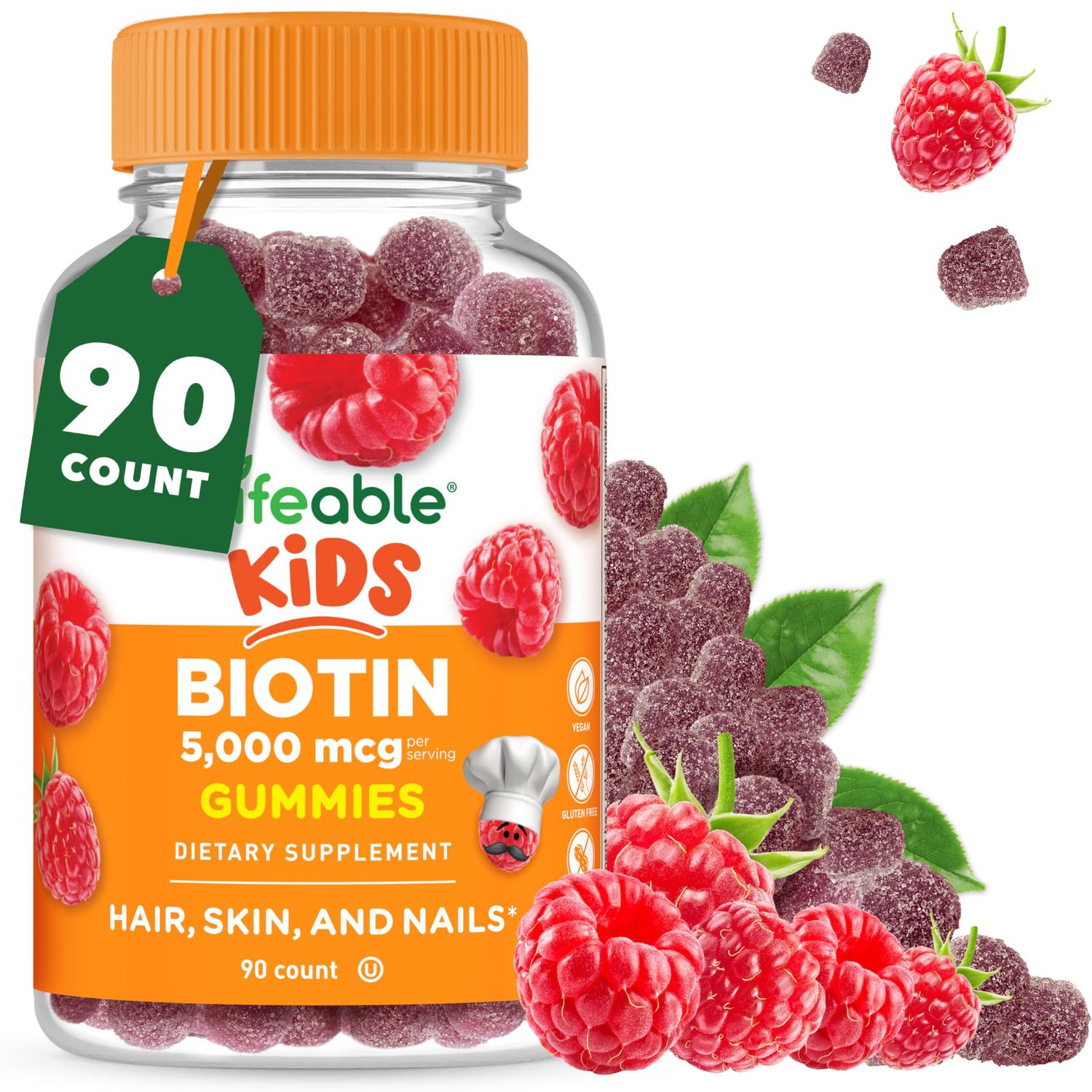 Lifeable Kids Biotin Gummies | 5,000mcg | Great Tasting Natural Flavor Biotin Supplement | Vegan Non GMO Hair Gummies | for Hair Skin and Nails | 90 Gummies