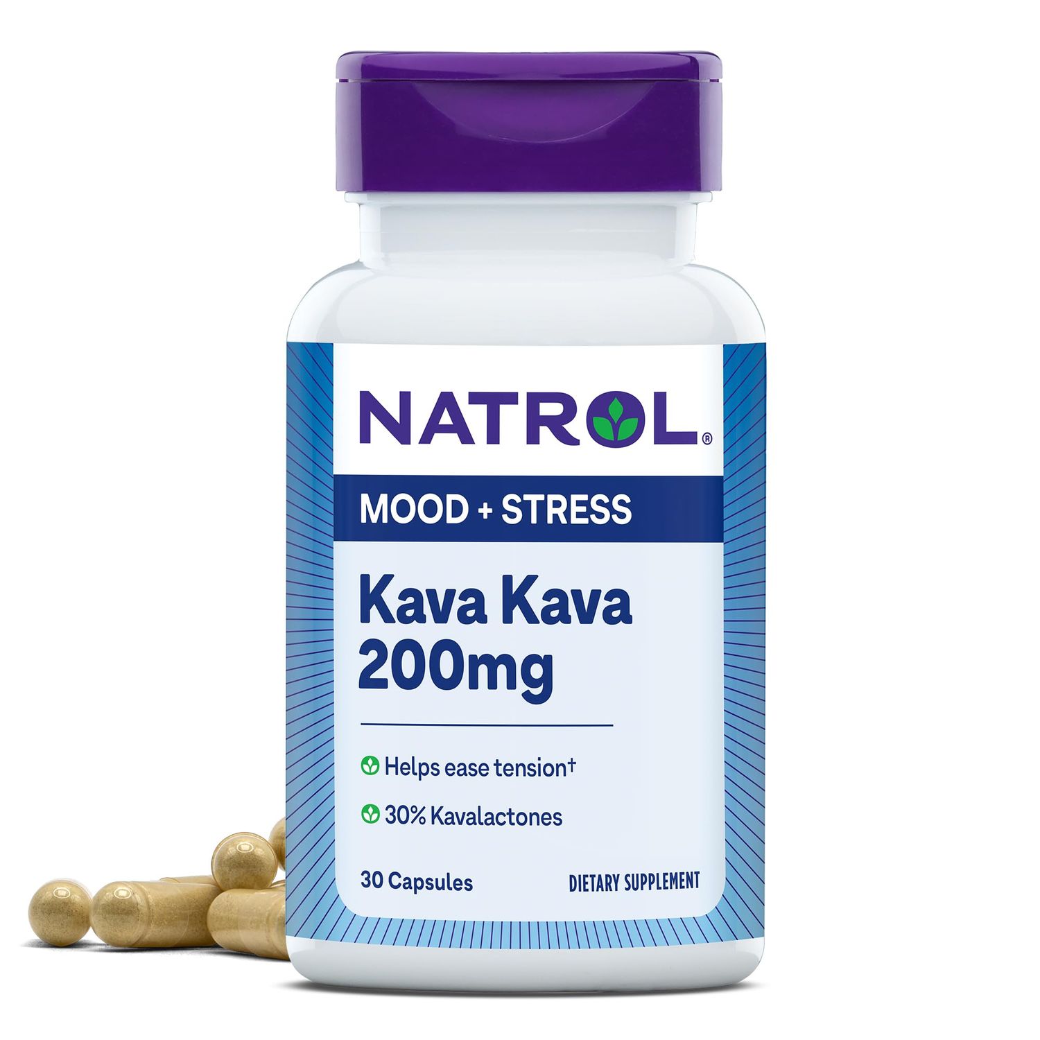 Natrol Mood &amp; Stress Kava Kava 200mg, Dietary Supplement for Relaxation and Eases Tension, 30 Capsules, 15-30 Day Supply