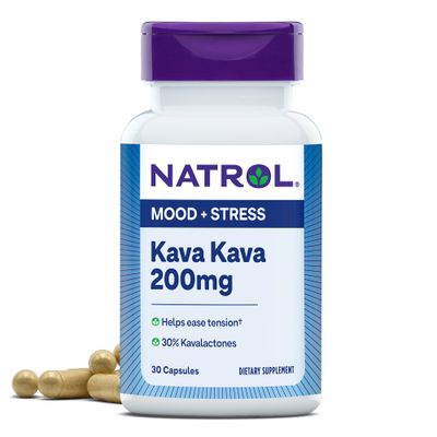 Natrol Mood &amp; Stress Kava Kava 200mg, Dietary Supplement for Relaxation and Eases Tension, 30 Capsules, 15-30 Day Supply