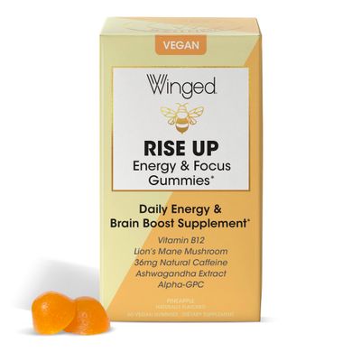 Winged Rise Up Gummies | Energy &amp; Brain Boost Supplement | Natural Caffeine, Ashwagandha &amp; B12 for Energy | Nootropics Alpha-GPC, Lions Mane &amp; Huperzine A for Focus | Pineapple Flavor (30 Servings)