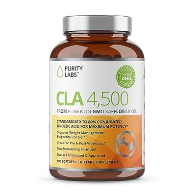 Purity Labs CLA Supplements 4500MG - Non-GMO Safflower Oil - Supports Energy, Weight Loss, Heart Health, and Muscle Health - 180 Soft gels