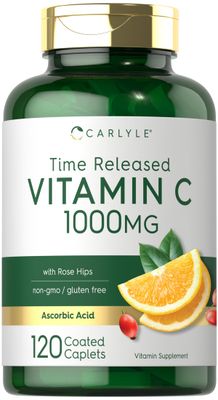 Carlyle Vitamin C 1000mg | Timed Release | 120 Vegetarian Caplets | with Rose HIPS | Non-GMO &amp; Gluten Free Supplement
