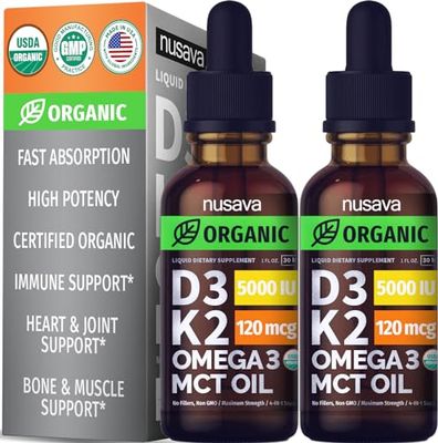(2 Pack) Organic Vitamin D3 K2 Drops w MCT Oil Omega 3, 5000 IU, Vitamin D Liquid 5000 IU, No Fillers, Non-GMO Liquid D3 for Bodys Defenses &amp; Faster Absorption, Unflavored, 2 Fl Oz Liquid Vitamin D3