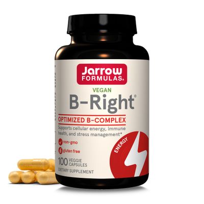 Jarrow Formulas B-Right, Optimized B Complex Featuring Vitamin B1, B2, B5, B6, B12 and B9 to Support Cellular Energy, Immune Health and Stress Management, 100 Veggie Capsules, Up to a 100 Day Supply