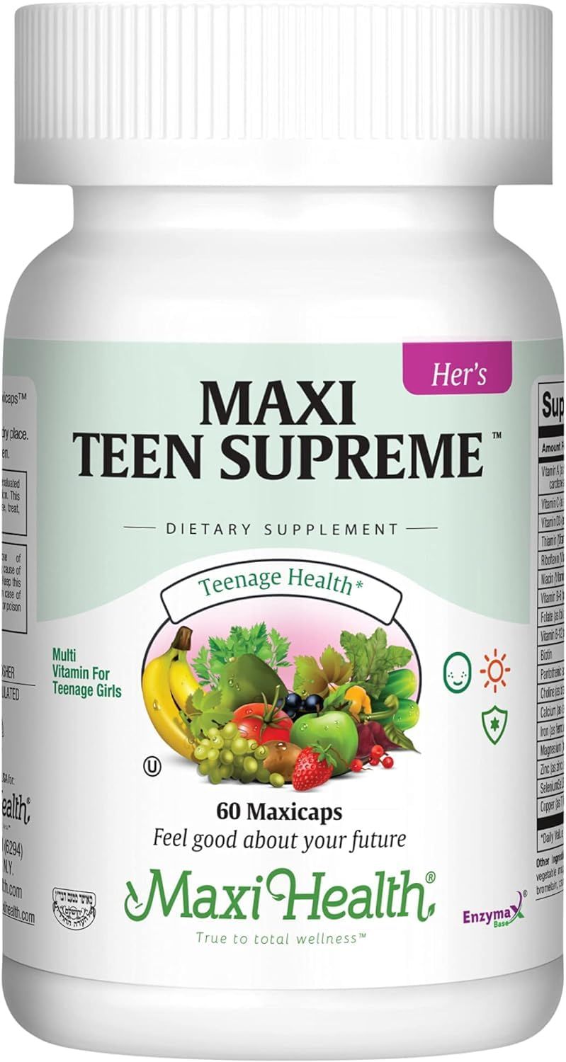 Maxi Health Teen Multivitamin for Girls 12-17 years, Natural Vitamins and Minerals Enhances Development and Immune Health, Best Kosher Supplement for Teenagers, 60 Count