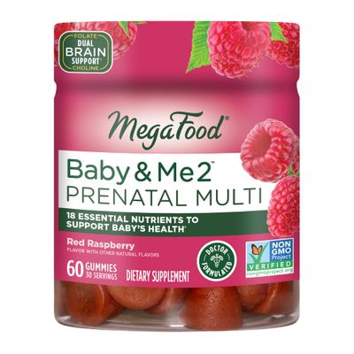 MegaFood Baby & Me 2 Prenatal Vitamin Gummies - Prenatal Vitamins for Women with Folic Acid and Choline for Babys Brain Development; Plus Real Fruit- Red Raspberry Flavor - 60 Gummies (30 Servings)