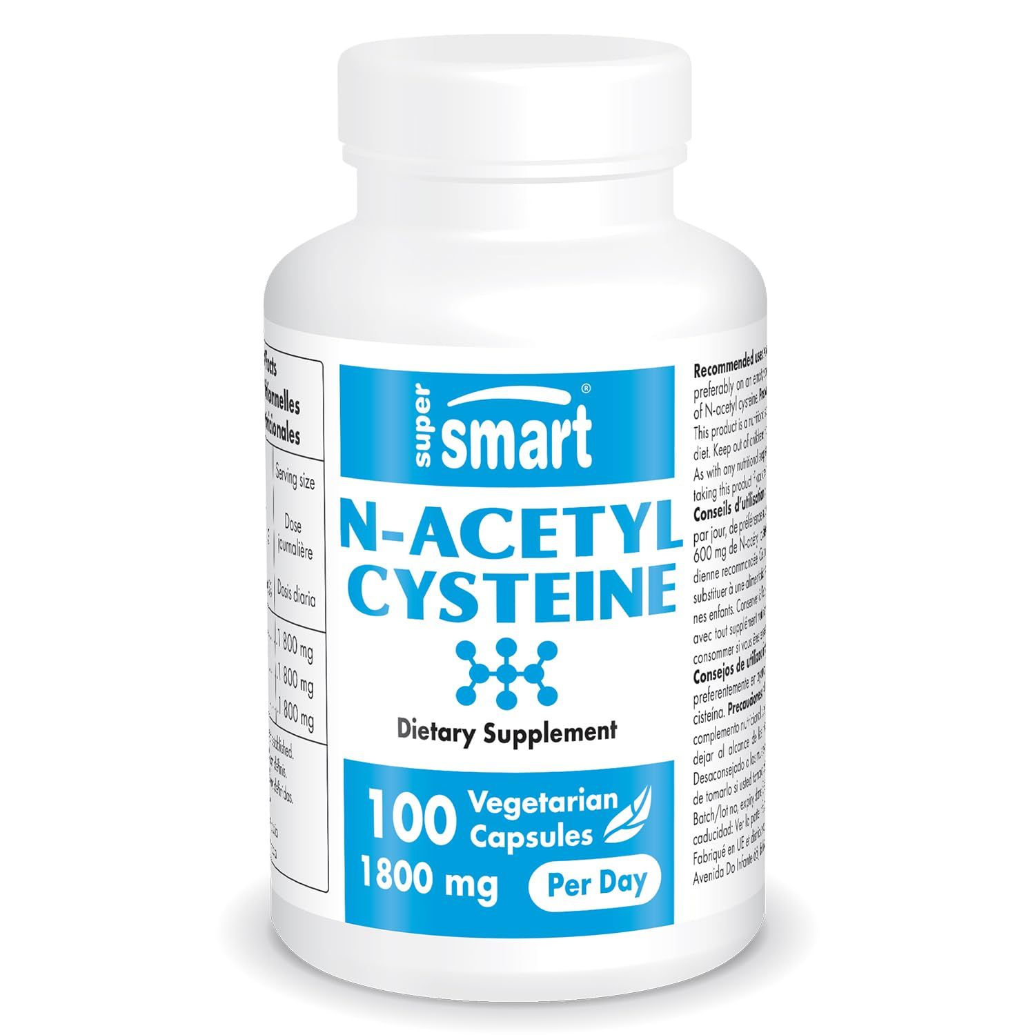 Supersmart - N-Acetyl Cysteine 1800mg per Day (High Absorption) - NAC Supplement - High Potency Antioxidants Amino Acids - Glutathione Precursor | Non-GMO &amp; Gluten Free - 100 Vegetarian Capsules