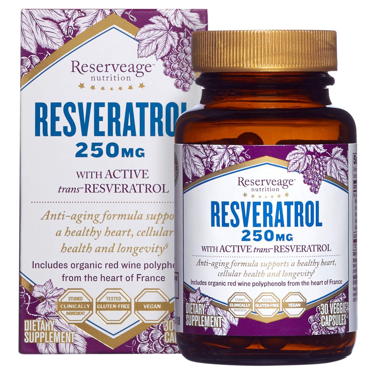 Reserveage Beauty Resveratrol 250 mg - Best Trans-Resveratrol - Vegan Antioxidant Supplement for Cellular &amp; Heart Health - Aids Healthy Aging &amp; Immune Health - 30 Vegetable Capsules (30 Servings)