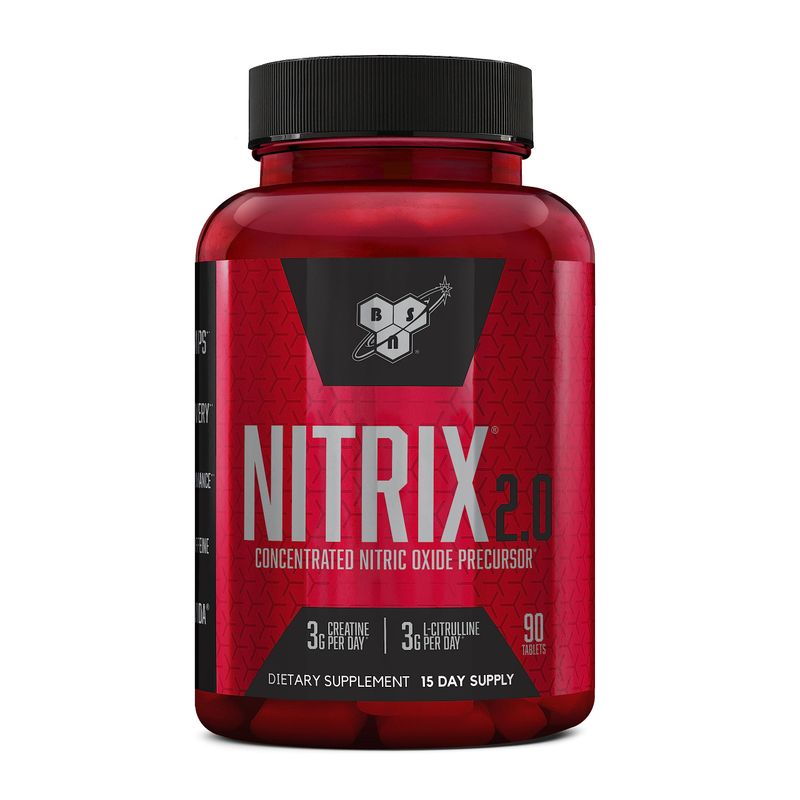 BSN NITRIX 2.0 - Nitric Oxide Precursors, 3g Creatine, 3g L Citrulline - Supports Workout Performance, Pumps, Muscle Recovery and Endurance - 90 Tablets