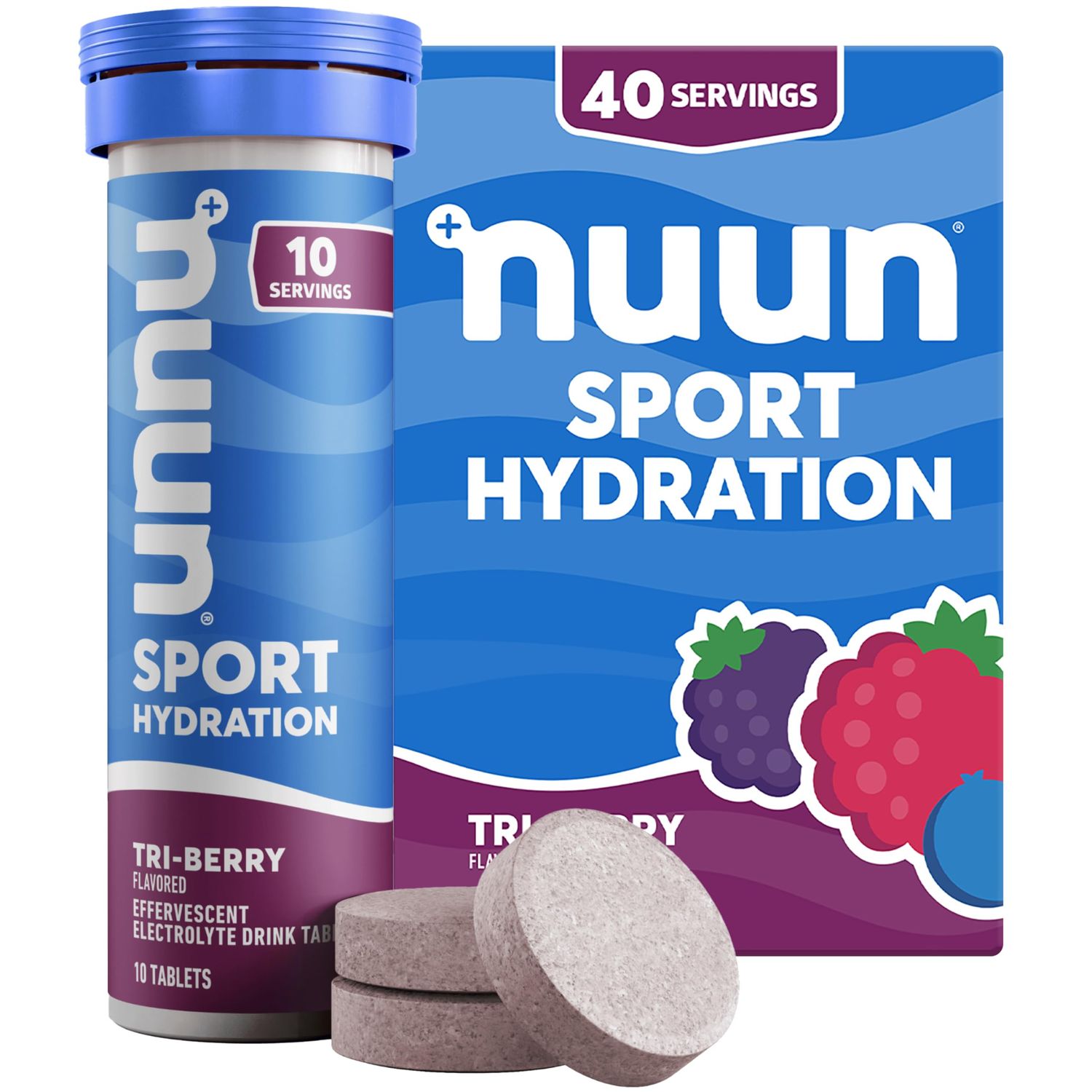 Nuun Sport Electrolyte Tablets - Dissolvable in Water, Tri Berry, 5 Essential Electrolytes for Hydration, 1g Sugar Drink Mix, Vegan, Non-GMO, 4 Pack (40 Total Servings)