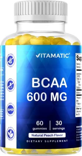 Vitamatic BCAA Gummies - Branch Chain Amino Acid Supplements - Peach Flavor - 600mg per Serving - 60 Vegan Pectin Based Gummies (1 Bottle)