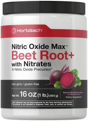 Horbach Nitric Oxide Beet Root Powder | 16 oz (454g) | Mixed Berry Flavor | with Nitrates | Vegan, Non-GMO, and Gluten Free Supplement
