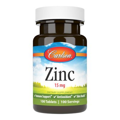Carlson - Zinc, 15 mg, Zinc Supplement, Zinc Gluconate, Immune Support &amp; Skin Health, Zinc Tablets, Antioxidant, Zinc Capsules, 100 Tablets
