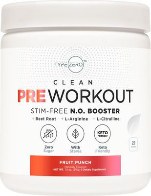 Ultra Clean Stim Free Pump Pre Workout + Nitric Oxide Booster (Fruit Punch) Beetroot, 7G Arginine Citrulline Malate, Betaine, Beta A, ACV+ - Sugar/Caffeine Free Natural Non Stim Preworkout Men &amp; Women