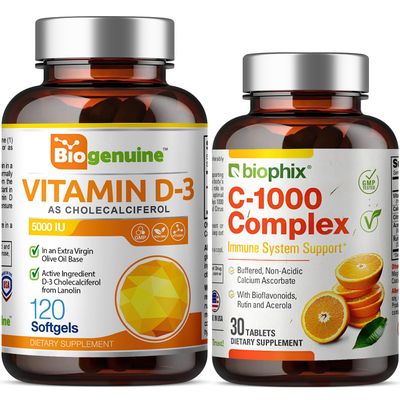 Vitamin D-3 5000 IU 120 Softgels - Free Vitamin C-1000 - High-Potency in Extra Virgin Olive Oil Non-GMO Soy-Free Supports Strong Bones Immune Health