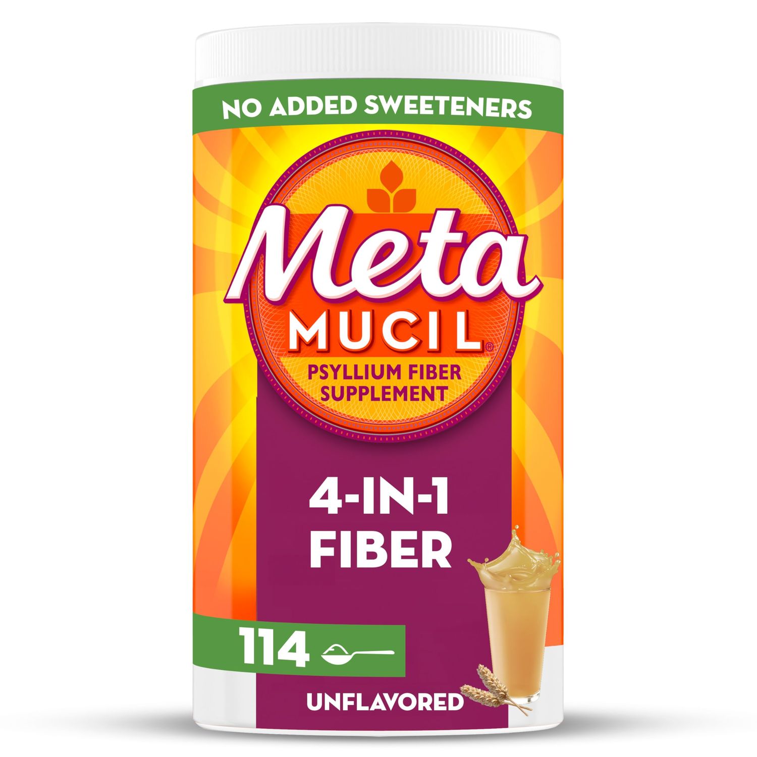 Metamucil, Unflavored Psyllium Husk Powder Fiber Supplement, Plain wih No Added Sweeteners, 4-in-1 Psyllium Husk Fiber Powder for Digestive Health, #1 Doctor Recommended Fiber Brand, 114 teaspoons