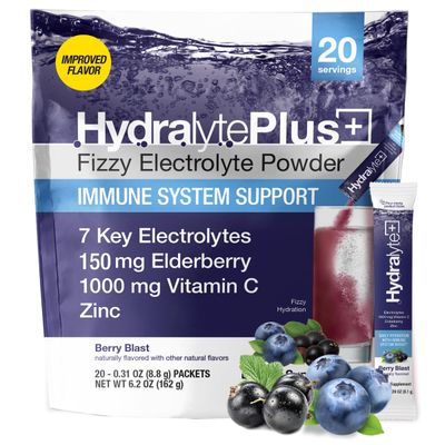 Hydralyte Electrolytes Plus Immunity, Elderberry - Low Sugar Rapid Rehydration Powder - Lightly Sparkling Electrolyte Powder Packets with 1,000mg Vitamin C and 300 mg Elderberry (8oz Serve, 20 Count)