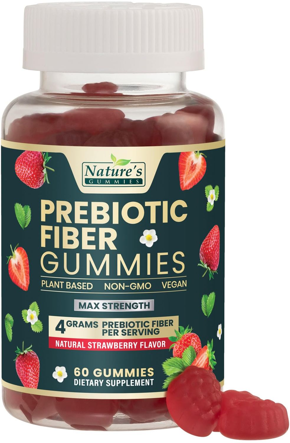 Fiber Supplement Gummies for Digestive Health &amp; Regularity Support, Fiber 4g Gummy for Adults, Daily Prebiotic Supplements, Natural Prebiotic Fiber Gummy, Plant Based, Strawberry Flavored - 60 Gummies