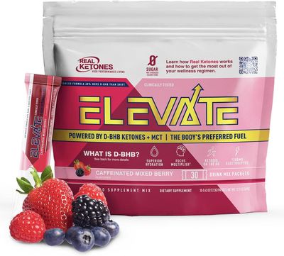 Real Ketones MCT &amp; BHB Exogenous Ketones Drink Mix Packets Elevate Keto Electrolytes Powder Packets No Sugar with 4 Main Electrolytes Plus Hydrating Proprietary Keto BHB - 30 Pack Mixed Berry