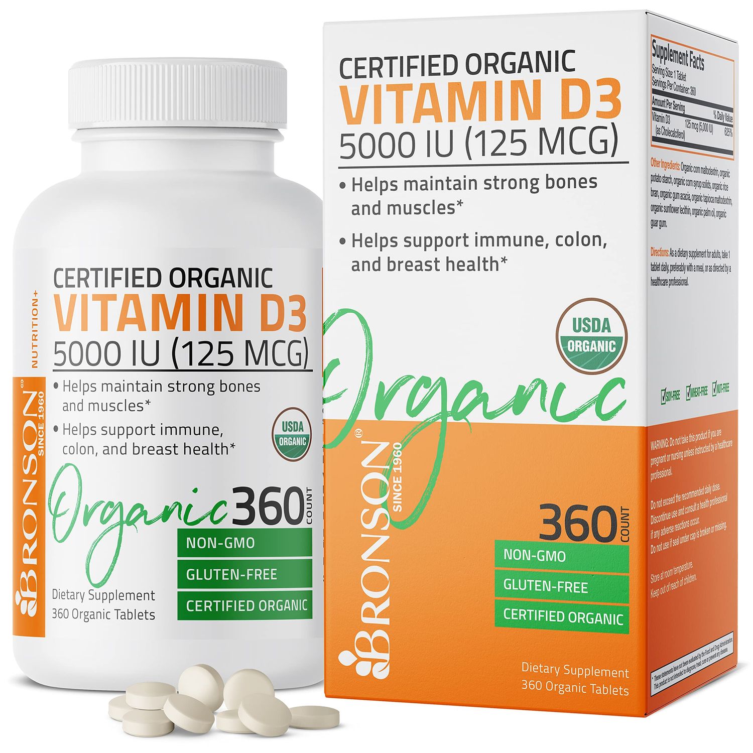 Bronson Vitamin D3 5,000 IU (1 Year Supply) for Immune Support, Healthy Muscle Function &amp; Bone Health, High Potency Organic Non-GMO Vitamin D Supplement, 360 Tablets