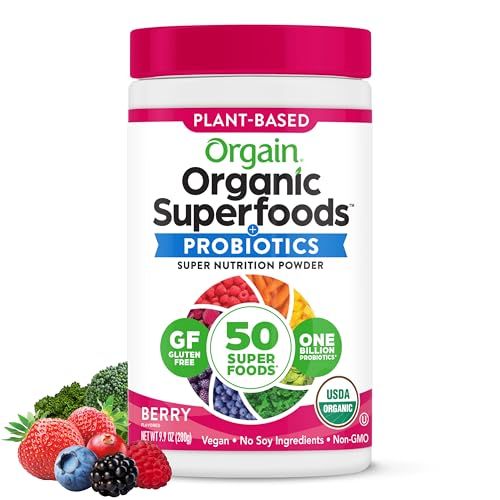 Orgain Organic Greens Powder + 50 Superfoods, Berry - 1 Billion Probiotics for Digestive Health, Antioxidants, Vegan, Plant-Based, Gluten-Free, Non-GMO, Green Juice &amp; Smoothie Drink Mix - 0.62lb