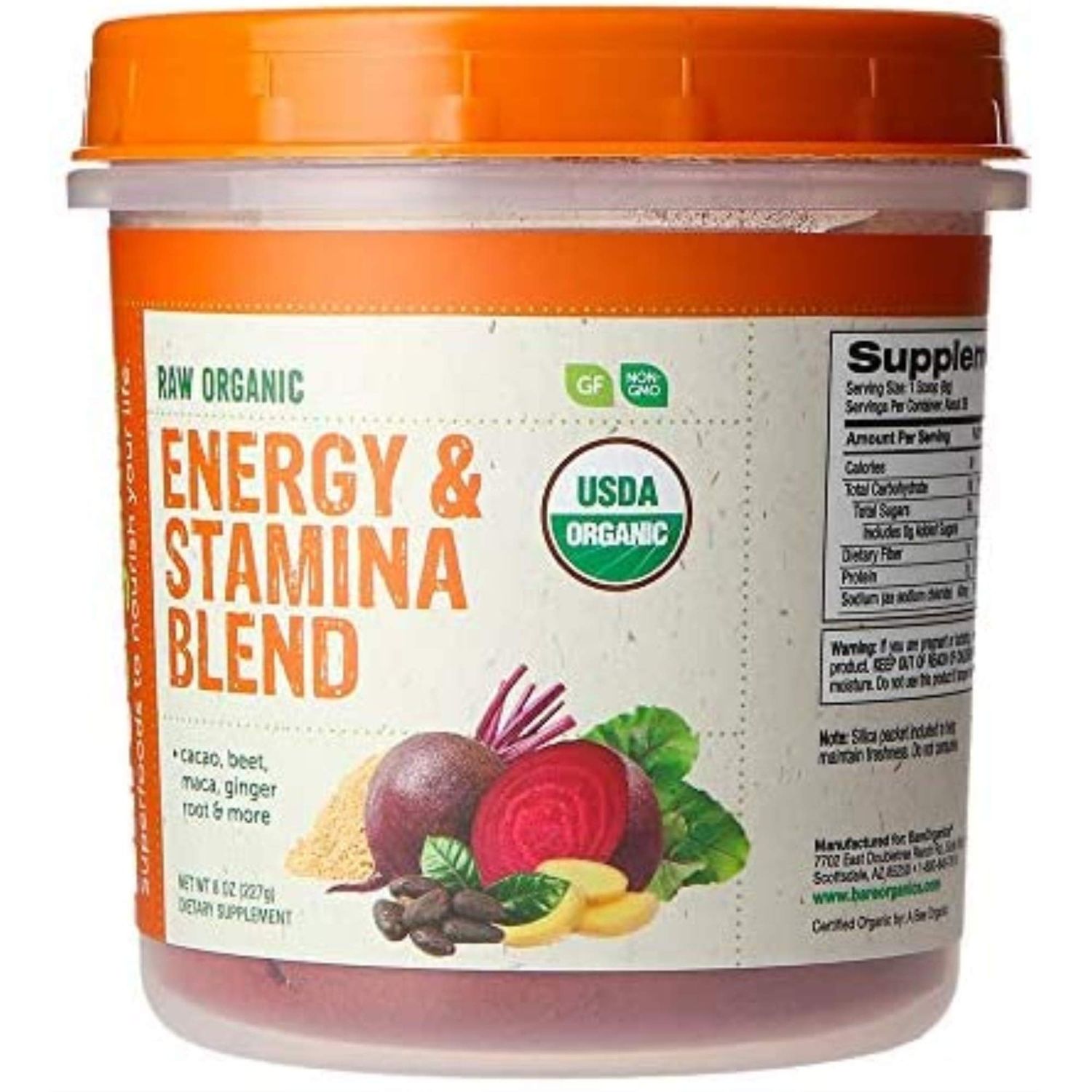 BareOrganics Energy &amp; Stamina Blend Powder, Organic Superfood, Vegan Dietary Supplement, 8 Ounces
