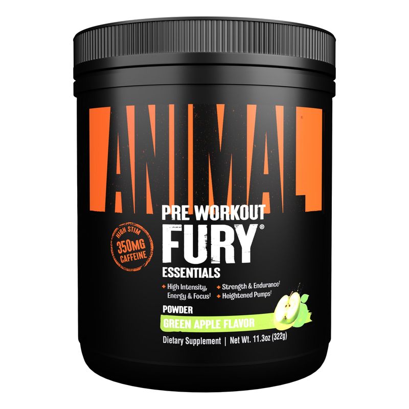 Animal Fury Pre Workout Powder - Energy and Focus Supplement with 5g BCAA, 350mg Caffeine Nitric Oxide Booster with Beta-Alanine, Preworkout for Men and Women, Green Apple Flavor, 20 Servings