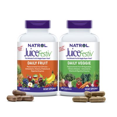 Natrol JuiceFestiv Daily Fruit &amp; Veggie with SelenoExcell and Whole-Food [Phyto]Nutrients, Dietary Supplement Supports Better Nutrition (&amp; overall well-being), 90 Capsules (Pack of 2), 45 Day Supply
