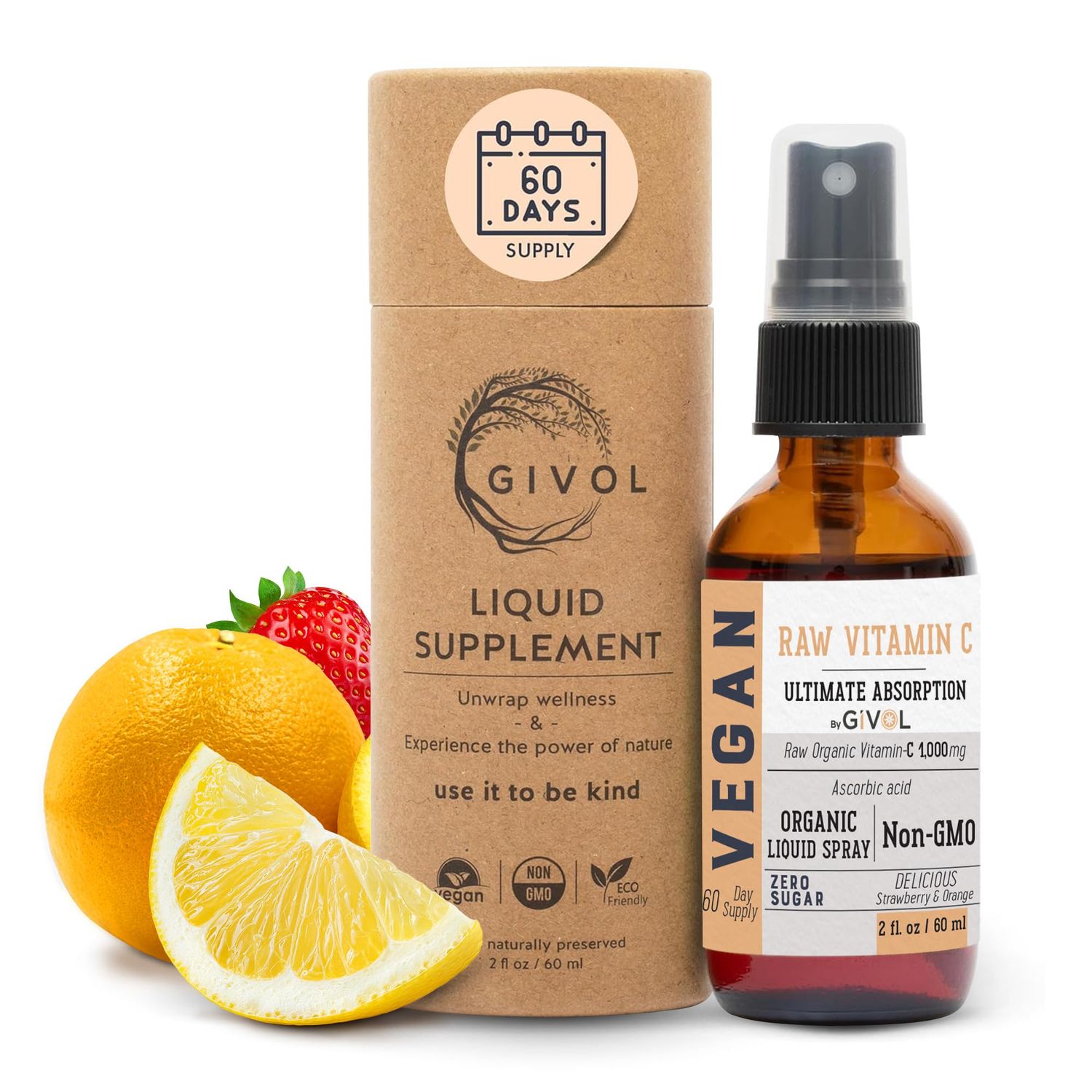 GIVOL Vitamin C Extra Strength Spray: Daily Absorption Liquid Extract with Lemon, Orange, Strawberry, Rich in Ascorbic Acid, 2oz (60ml) 60 Day Supply