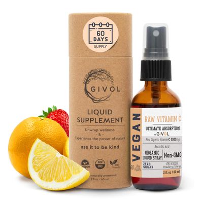 GIVOL Vitamin C Extra Strength Spray: Daily Absorption Liquid Extract with Lemon, Orange, Strawberry, Rich in Ascorbic Acid, 2oz (60ml) 60 Day Supply