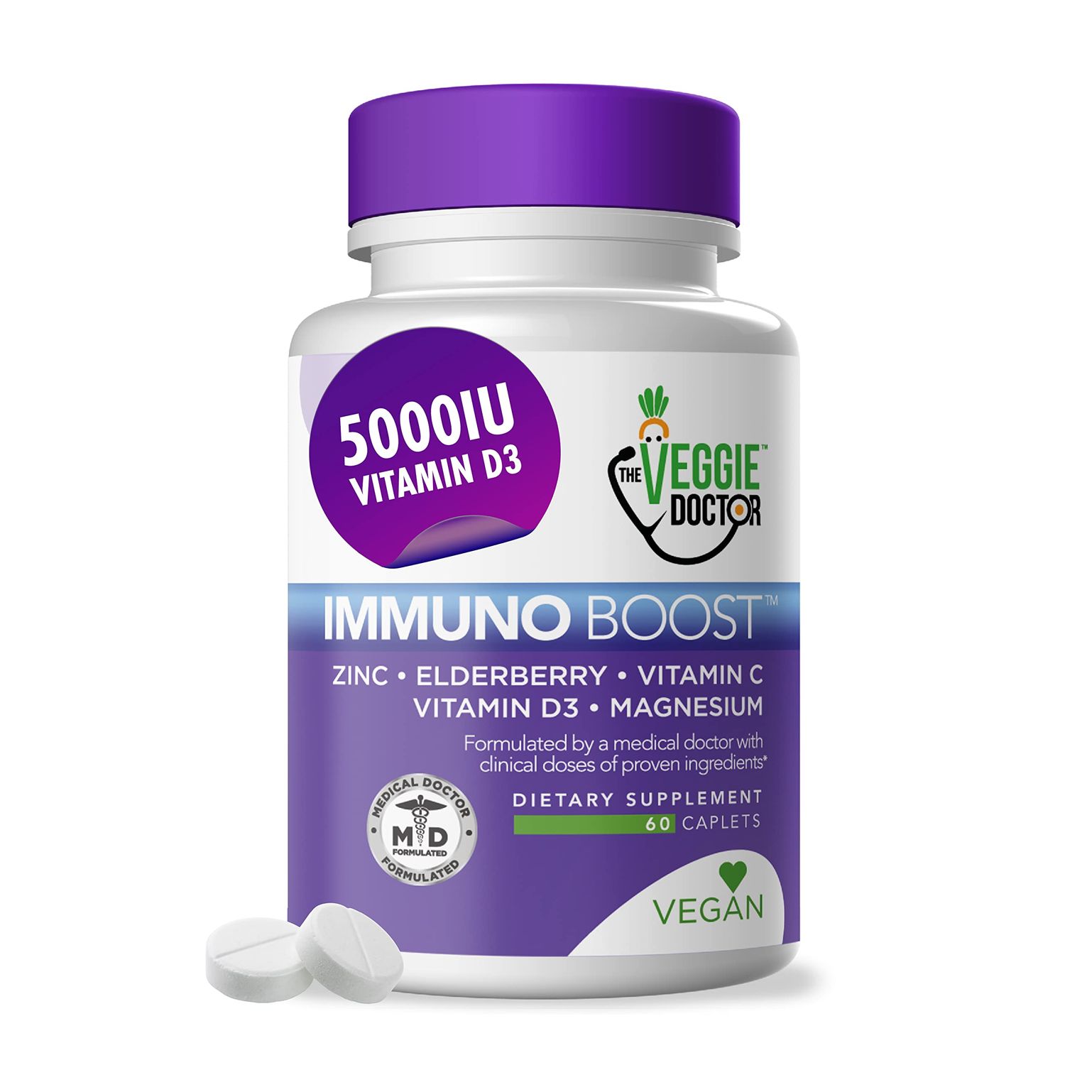 The Veggie Doctor - Immune Support Supplement (60 Tablets) - All Natural, Vegan - Elderberry, Zinc, Vitamins C, D3 for Immune System Boost - Immunity Supplement with Magnesium for Daily Immune Support