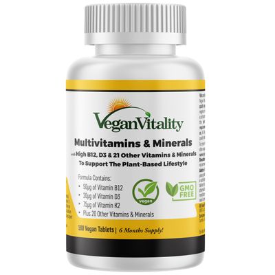 Vegan Multivitamins &amp; Minerals for Women and Men with High Strength Vitamin B12, D3 &amp; K2. 180 Multivitamin Tablets - 6 Months Supply. Vitamins for Vegans &amp; Vegetarians