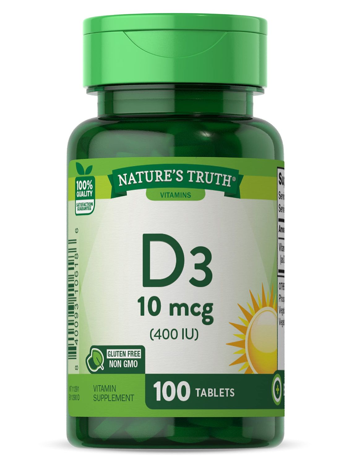 Nature&#39;s Truth Vitamin D3 | 400 iu (10 mcg) | 100 Tablets | Vegetarian, Non-GMO, &amp; Gluten Free Supplement