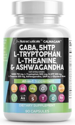 Clean Nutraceuticals GABA 750mg 5 HTP 200mg L Tryptophan 500mg L Theanine 200mg Ashwagandha 3000mg SAM-e L-Glycine - Mood Support Vitamins for Women and Men with L-Tyrosine - Made in USA 60 Caps