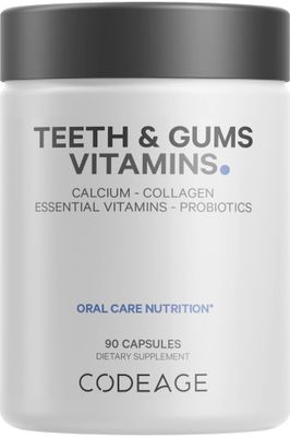 Codeage Teeth &amp; Gums Vitamins + Oral Probiotics Supplement for Mouth - Whole Food Calcium, Collagen, Potassium, Vitamin C, D3, K2, Zinc - Oral Care &amp; Dental Multivitamin Supplements - 90 Capsules