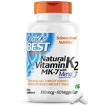 Doctor&#39;s Best Natural Vitamin K2 Mk-7 with MenaQ7, 100mcg Vitamin K2 Supplement Supports Bone Health, Non-GMO, 60 Veggie Capsules
