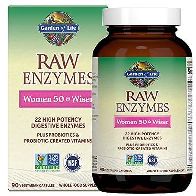 Garden of Life 22 Digestive Enzymes for Women 50 &amp; Over with Bromelain, Papain &amp; Lactase Plus Probiotics &amp; Vitamins B12, Biotin &amp; Zinc - RAW Enzymes - Non-GMO, Gluten-Free, Vegetarian, 90 Capsules