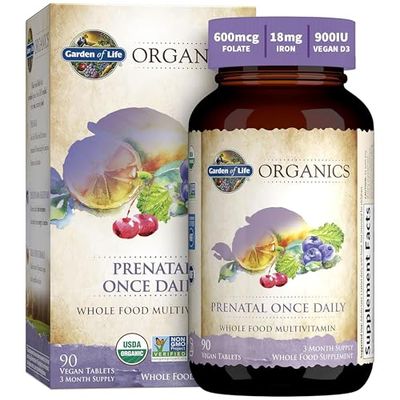 Garden of Life Organics Prenatal Vitamin: Folate for Energy &amp; Healthy Fetal Development, Non-constipating Iron, Vitamin C, B6, B12, D3 - Organic, Non-GMO, Gluten-Free, Vegan, 90 Day Supply