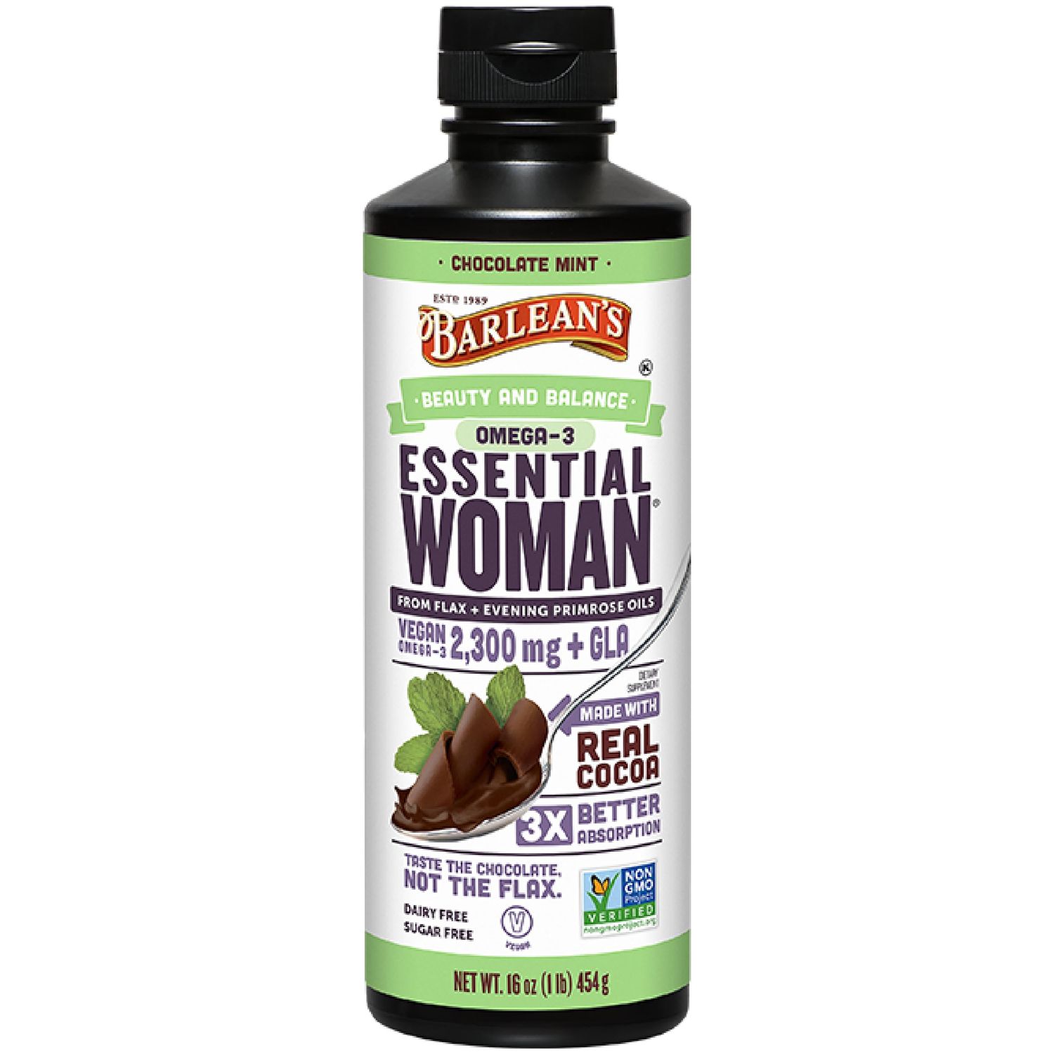 Barlean&#39;s Essential Woman Chocolate Mint Liquid Supplement from Flaxseed, Evening Primrose Oil &amp; Soy Isoflavones, Omega 3 6 9 and GLA, Hormonal Balance &amp; Healthy Hair and Skin, 16 oz