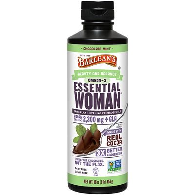 Barlean&#39;s Essential Woman Chocolate Mint Liquid Supplement from Flaxseed, Evening Primrose Oil &amp; Soy Isoflavones, Omega 3 6 9 and GLA, Hormonal Balance &amp; Healthy Hair and Skin, 16 oz