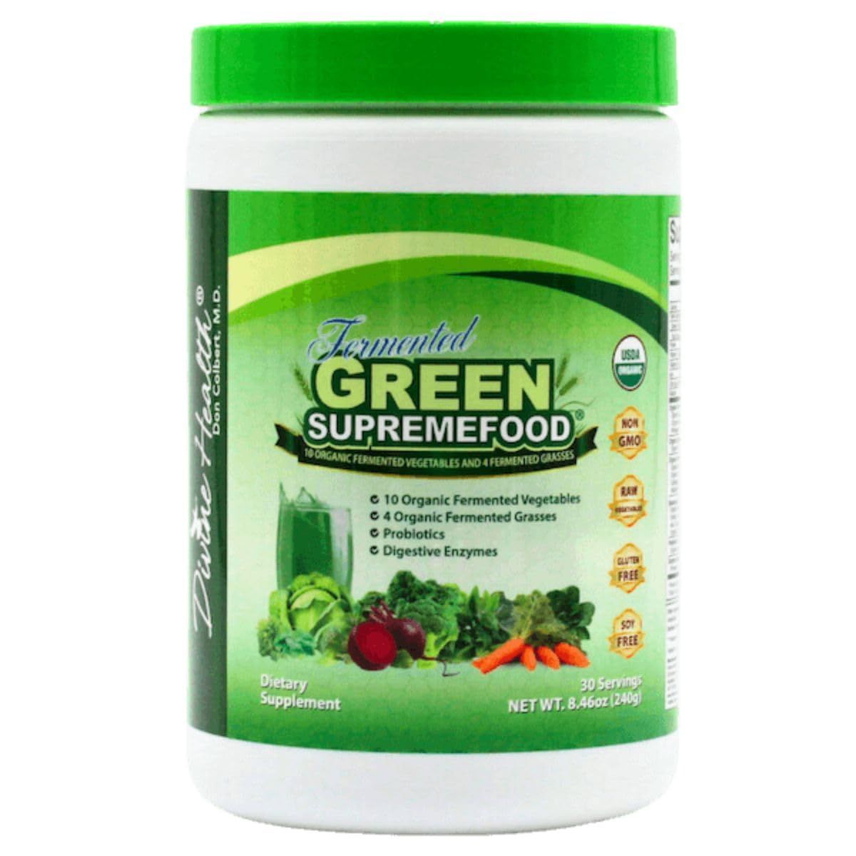 Divine Health Organic Fermented Green Supremefood - 10 Vegetables + 4 Grasses and Probiotics, Apple Cinnamon Flavor (30 Day Supply)