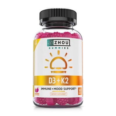 Zhou Nutrition Vitamin D3 K2 Gummies, Bone and Heart Health Formula 5000 IU Vitamin D3 &amp; 90 mcg Vitamin K2, Max Strength 2 in 1 Immune Support and Calcium Absorption, Gluten Free, Strawberry, 60 Count